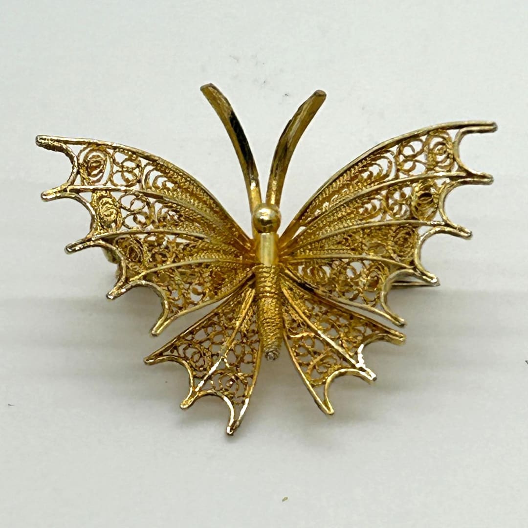 Butterfly Brooch 800 Spun Silver Gold Vermeil Filigree Pin Vintage ...