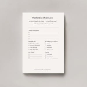 Peut inclure: Une liste de contrôle de la charge mentale minimaliste sur papier blanc. Le texte indique "Mental Load Checklist" et "Minimal Daily Brain Dump | Instant Download". Il comprend des sections pour "Today, on my mind", "Home & Life", "Work & Responsibilities", "For Others" et "For Me".