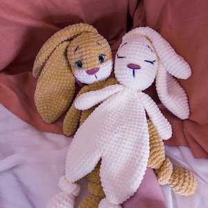 May include: Two handmade crochet bunny stuffed animals. One bunny is tan with blue eyes and a pink nose, the other is white with closed eyes and a pink nose. Both have long ears and are made of soft, textured yarn.
