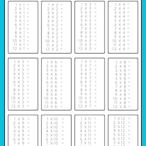 May include: A blue and white times tables chart with multiplication facts from 1x1 to 12x12. The chart is organized in a grid format, with each table clearly labeled for easy learning.