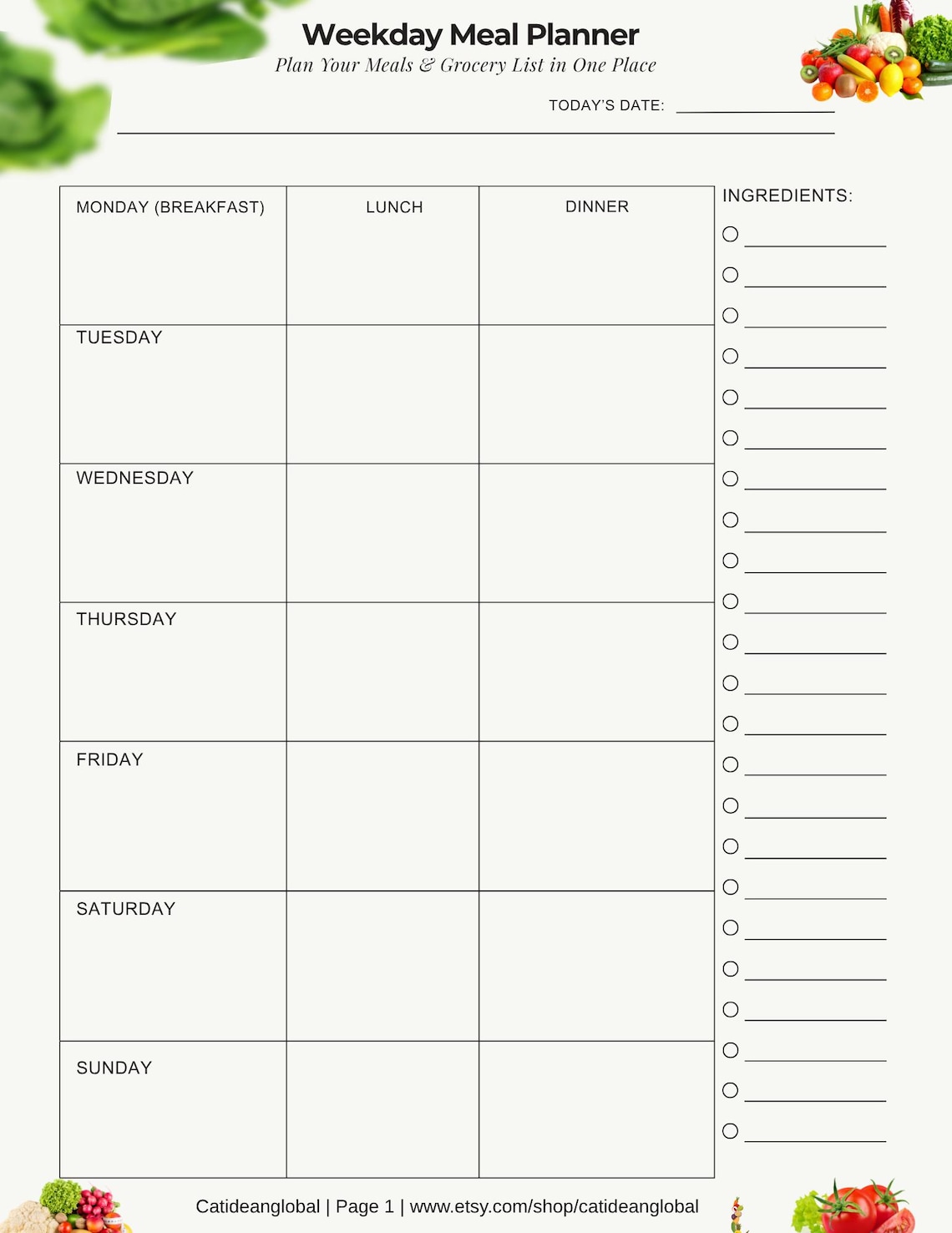 Printable Weekly Meal Planner | A4 & US Letter PDF | Grocery List ...