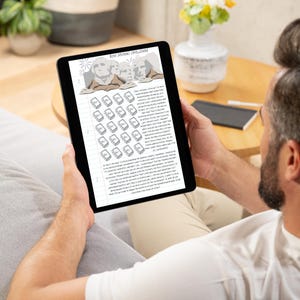 May include: A digital tablet displaying a "Free Savings Challenge" with a grid of 31 squares, each representing a day of the month. The squares are filled with images of books. The tablet is being held by a person sitting on a sofa.