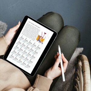 May include: A tablet displaying the text "Etsy Savings Challenge" and illustrations of buckets and mops. A stylus is held in the hand. The tablet is resting on the person's lap. The person is wearing a beige top and dark green trousers.