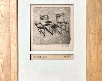 Gravure minimaliste deux chaises, Illustration noir et blanc, art contemporain, édition limitée
