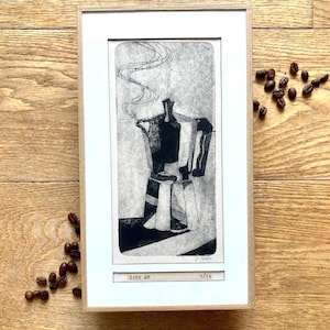 Café du matin  – Gravure Cafetière Italienne sur TetraPak recyclé – Estampe originale signée et numérotée – Dernier exemplaire