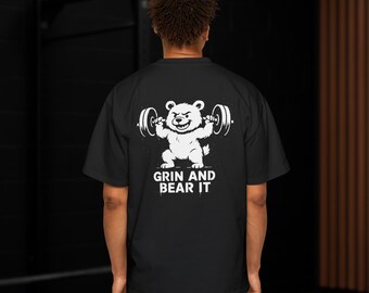 Camiseta divertida de gimnasio con oso levantando pesas – Ropa deportiva Grin and Bear It