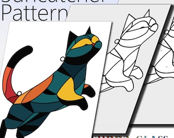 Suncatcher Pattern, colorful cat, Downloadable PDF Pattern, pet cat stained glass, kitty kitten cat pattern, hobby and commercial pattern