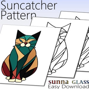Suncatcher Pattern, sitting colorful cat, Downloadable PDF Pattern, pet cat stained glass, kitty kitten pattern,hobby and commercial pattern