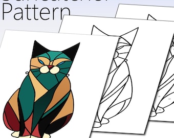 Suncatcher Pattern, sitting colorful cat, Downloadable PDF Pattern, pet cat stained glass, kitty kitten pattern,hobby and commercial pattern