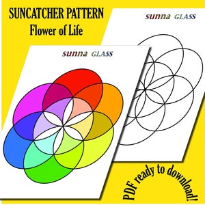 Può includere: Un modello di acchiappasole stampabile che presenta il design del Fiore della Vita. Il modello è mostrato in due versioni: una con uno schema di colori arcobaleno e una in bianco e nero. Il testo "PDF pronto per il download!" è visibile nella parte inferiore dell'immagine.