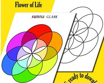 Suncatcher Pattern, Flower of Life, Downloadable PDF Pattern, Colorful stained glass overlapping circles design, Seed of Life Stained Glass
