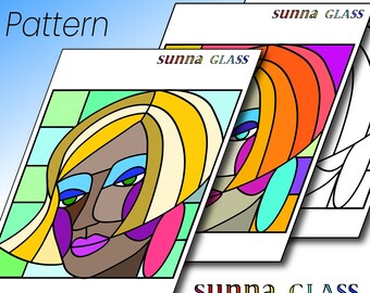 Face Suncatcher Pattern, Downloadable PDF Stained Glass Pattern, Colorful womans face  stained glass design.