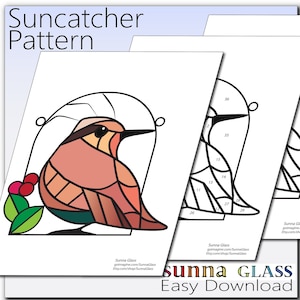 Modello Suncatcher, uccello con bacche, modello PDF scaricabile, modello in vetro colorato con uccellino, modello per hobby e commerciale