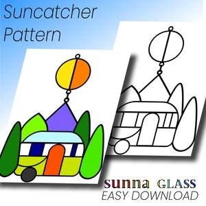 Camper Suncatcher Pattern, Downloadable PDF Caravan stained glass flower pattern, Mountain camping pattern for stained glass suncatcher