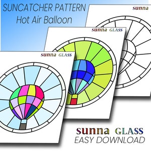 Hot Air Balloon Suncatcher Pattern, Downloadable PDF Stained Glass Pattern, Colorful beginner stained glass design.