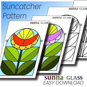 Folk Flower Suncatcher Pattern, Downloadable PDF stained glass flower pattern, colorful flower in oval frame shape