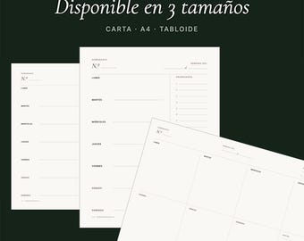 Digital Weekly Planner Set (3 Sizes: A4, Letter, Tabloid) | Weekly Planner Bundle (Spanish PDF) | Complete Weekly Organizer (Downloadable)