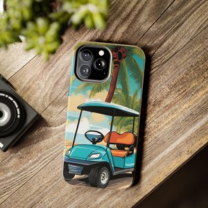保護電話ケース、ゴルフカートパラダイス、すべてのiPhoneとGalaxy S21-S24用、頑丈なデュアル密度電話ケース