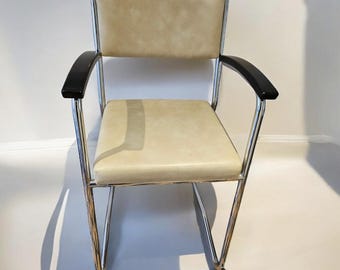 banco de bar em couro cromado vintage original com apoio para os pés branco Gebr.