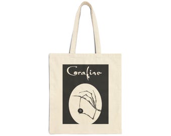 Coraline Canvas Tote Bag, Button Detail, Vintage Movie Poster, Book Lover Gift, Reversible Shopping Bag