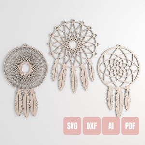 Acchiappasogni in legno con taglio laser SVG Modello per acchiappasogni in legno Decorazione per camera da letto Boho Fai da te Ciondolo protettore dei sogni File vettoriale digitale Taglio ai DXF pdf