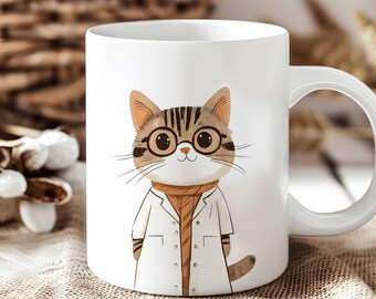 May include: White ceramic mug with a cartoon illustration of a cat wearing glasses and a white lab coat. The cat has brown and white stripes and a light orange scarf.