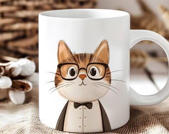 May include: White ceramic mug with a cartoon illustration of a cat wearing glasses and a bow tie. The cat has brown and orange fur.