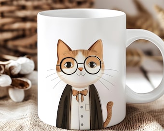 May include: White ceramic mug with a cartoon illustration of a cat wearing glasses and a bow tie. The cat is brown, white, and orange.