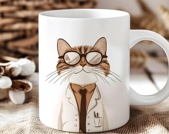 May include: White ceramic coffee mug with a brown tabby cat wearing glasses and a white lab coat with a brown tie. The cat is smiling.