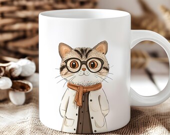 May include: White ceramic mug with a cartoon illustration of a cat wearing glasses and a scarf. The cat is wearing a white coat and has brown and black fur.