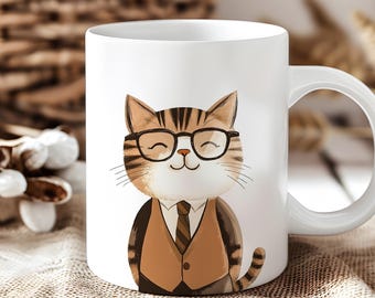 May include: White ceramic mug with a cartoon illustration of a brown tabby cat wearing glasses and a brown vest with a striped tie. The cat is smiling.