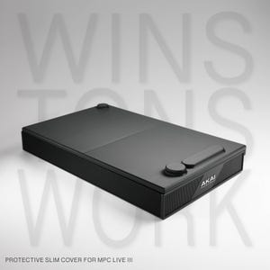 May include: A black protective slim cover for the MPC Live III. The cover is rectangular with rounded corners and features two circular knobs and a rectangular handle. The word "AKAI" is visible on the side. The text "PROTECTIVE SLIM COVER FOR MPC LIVE III" is at the bottom.