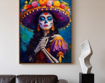 Dia de Muertos Skull Print, Colorful Mexican Art