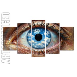 May include: A five-panel wall art set depicting a close-up of a human eye with a blue iris containing a reflection of white clouds in a blue sky. The surrounding skin is rendered in shades of brown and tan with visible dark eyelashes.