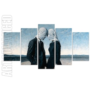 May include: A five-panel canvas wall art set depicting two figures in dark clothing with their heads wrapped in white fabric, standing against a blue sky and horizon. The text ART ADVANCED is printed vertically in black on the left side of the image.