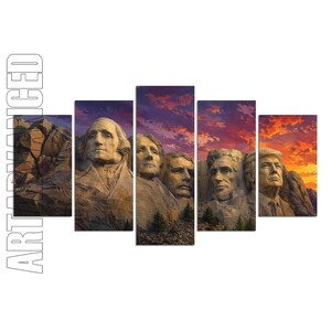 May include: A five-panel wall art set depicting a sunset over Mount Rushmore, featuring the carved stone faces of George Washington, Thomas Jefferson, Theodore Roosevelt, Abraham Lincoln, and Donald Trump against a vibrant orange and purple sky.