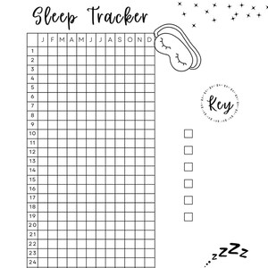 Könnte beinhalten: Ein schwarz-weißer druckbarer Schlaf-Tracker mit einem Raster für jeden Tag des Monats. Der Tracker enthält einen Schlüssel mit einem Kontrollkästchen und einem Schlafmasken-Symbol. Am unteren Rand der Seite befinden sich ein Kissen, ein Wecker und der Text "zZZz".