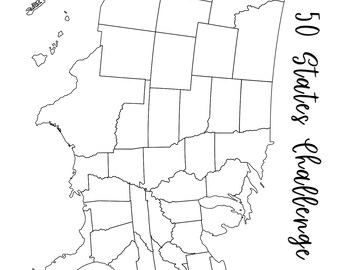 May include: A black and white outline map of the United States, divided into individual states. The text "50 States Challenge" is written in cursive on the right side of the map.