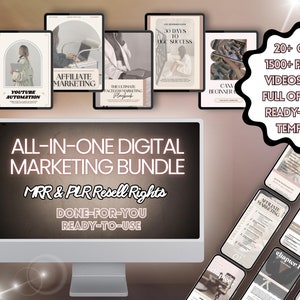May include: A digital marketing bundle with MRR & PLR resell rights. The image shows a computer monitor with the text "ALL-IN-ONE DIGITAL MARKETING BUNDLE" and several tablets with marketing guides, videos, and templates.