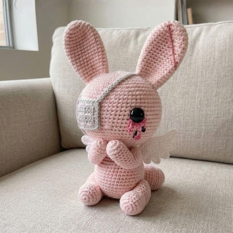 May include: A handmade pink crochet bunny with a gray eye patch and small white wings. The bunny has a black eye and a red, bloody tear. It is sitting with its paws together.