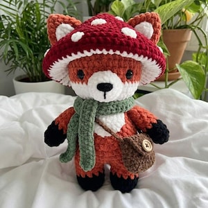 Zorro de peluche de hongo a crochet hecho a mano, muñeco de zorro amigurumi, bonito animal del bosque, regalo de zorro cottagecore, decoración infantil, zorro de peluche