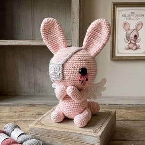 May include: A handmade pink crochet bunny doll with a gray eye patch and small white wings. The bunny has a black button eye and a small red tear. A framed print of a similar bunny is in the background.