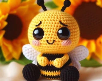 Niedliches Häkelbienen-Plüschtier-Handgemachte Amigurumi Bumblebee-Puppe-Geschenk für KinderSonnenblume-Bienen-Dekor-weiches gefülltes Tier häkeln 10-25 cm