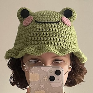 Frog Crochet Hat Handmade Green Bucket Hat With Cute Eyes & Pink Cheeks, Kawaii Frog Beanie, Soft Yarn Hat Gift For Kids And Adults