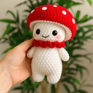 Handmade Crochet Mushroom Plush – Amigurumi Toadstool Doll with Red Cap & White Dots, Soft Chenille Toy, Kawaii Gift, Finished Item