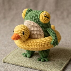 Crochet Frog with Duck Float Doll Amigurumi Handmade Plush Animal Toy Cute Funny Desk Decor Gift for Collectors and Frog Lovers