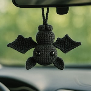 Crochet Bat Car Charm – Goth Rearview Mirror Accessory, Plush Amigurumi Hanging Bat Decor for Women Men Teens, Cute Cool Car Ornament Gift