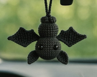 Crochet Bat Car Charm – Goth Rearview Mirror Accessory, Plush Amigurumi Hanging Bat Decor for Women Men Teens, Cute Cool Car Ornament Gift
