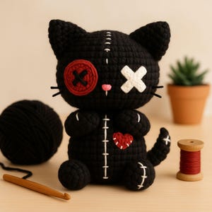 May include: A handmade black crochet cat doll with button and cross accents. The cat has a red button eye, a pink nose, and a stitched heart. A ball of black yarn, a crochet hook, and a spool of red thread are also in the image.