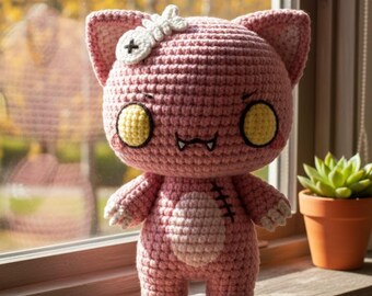 Pink Crochet Cat Plush Amigurumi Doll Cute Kawaii Kitty Handmade Soft Toy Nursery Decor Gift For Cat Lovers Home Display
